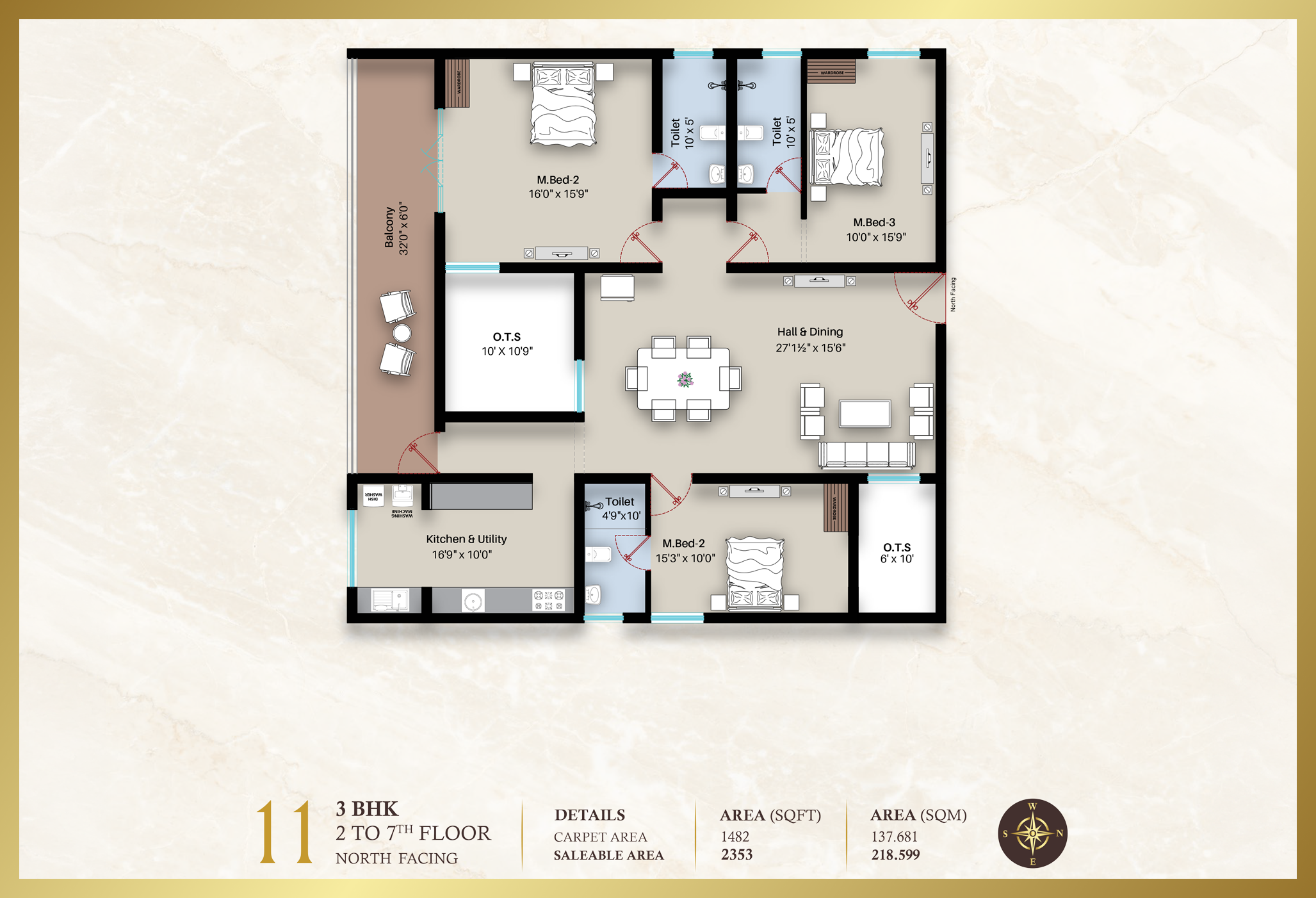 Diora Apartment 3BHK North facing floor plan 1649 sq-ft